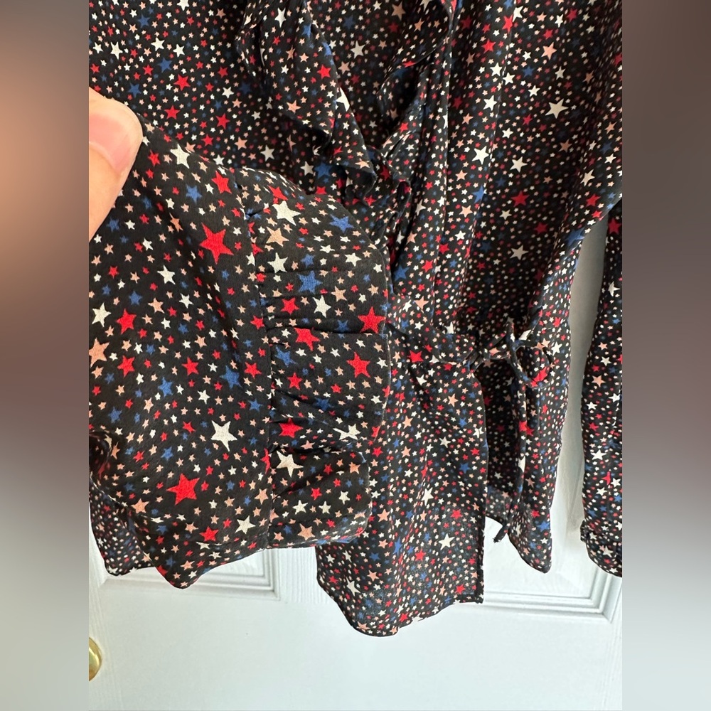 Madewell Women’s Small 100% Silk Ruffle Hem Wrap Blouse Starry Night - Picture 6 of 8